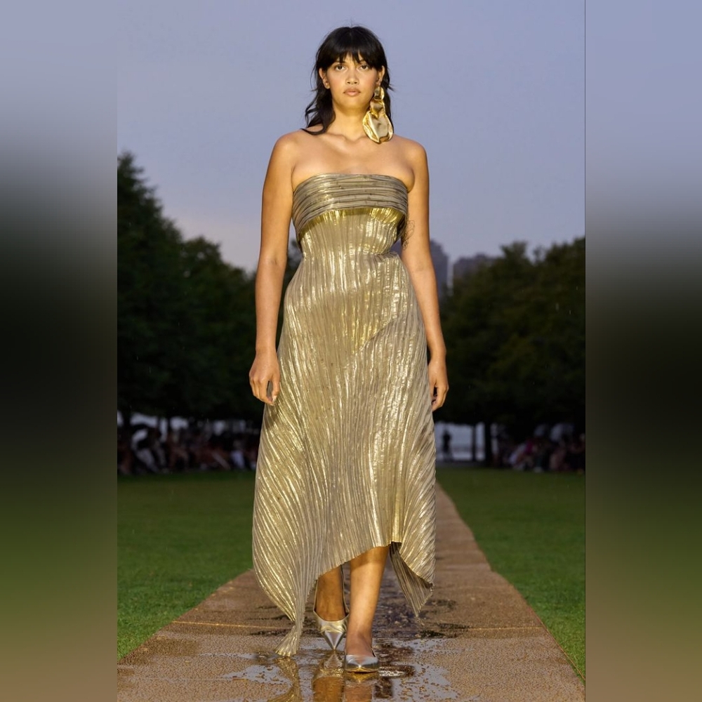 $3,000 NEW ATELIER PRABAL GURUNG GOLD PLISSE LONG RUNWAY DRESS GOWN US 8
